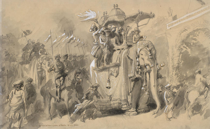 Visit of the Prince of Wales to India, November 1875 - January 1876: Entry of the Prince of Wales into Baroda on an elephant, 19 November Visit of the Prince of Wales to India, November 1875 - January 1876: Entry of the Prince of Wales into Baroda on an elephant, 19 November