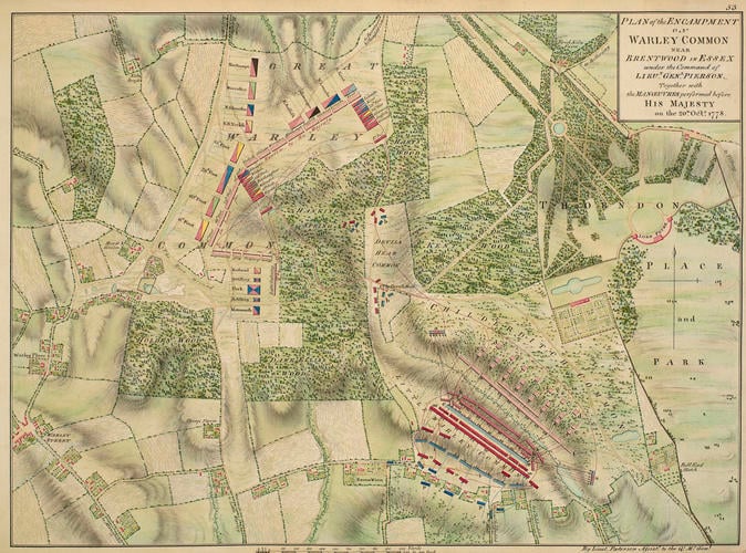 Master: Maps of encampments in England and Great Britain, 1778-82
Item: Map of encampment on Warley Common and Brentwood, 1778 (Great Warley Street, Essex, UK) 51?35'34 Master: Maps of encampments in England and Great Britain, 1778-82
Item: Map of encampment on Warley Common and Brentwood, 1778 (Great Warley Street, Essex, UK) 51?35'34