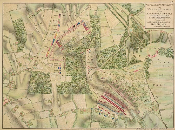 Master: Maps of encampments in England and Great Britain, 1778-82
Item: Map of encampment on Warley Common and Brentwood, 1778 (Great Warley Street, Essex, UK) 51°35'34