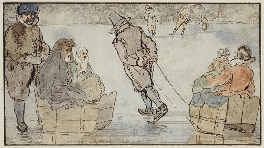Two families with sledges on the ice