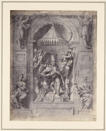 A niched pope between angels, allegorical figures and caryatids