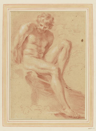 A male nude figure, seated to right, left leg bent