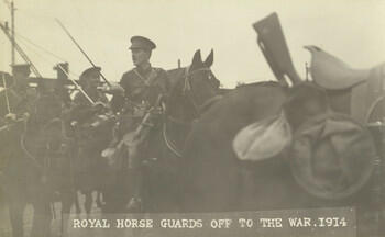Master: Page 46 of Queen Mary's Album, vol. 17 (June 1913 - 2nd July 1916)
Item: Royal Horse Guards off to the War, 1914