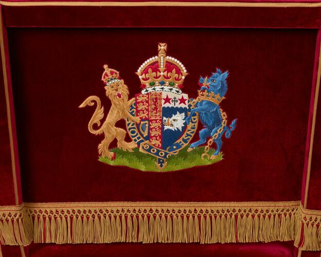 Master: Pair of throne chairs, used by King George VI and Queen Elizabeth and King Charles III and Queen Camilla
Item: Throne chair, used by Queen Elizabeth and Queen Camilla Master: Pair of throne chairs, used by King George VI and Queen Elizabeth and King Charles III and Queen Camilla
Item: Throne chair, used by Queen Elizabeth and Queen Camilla