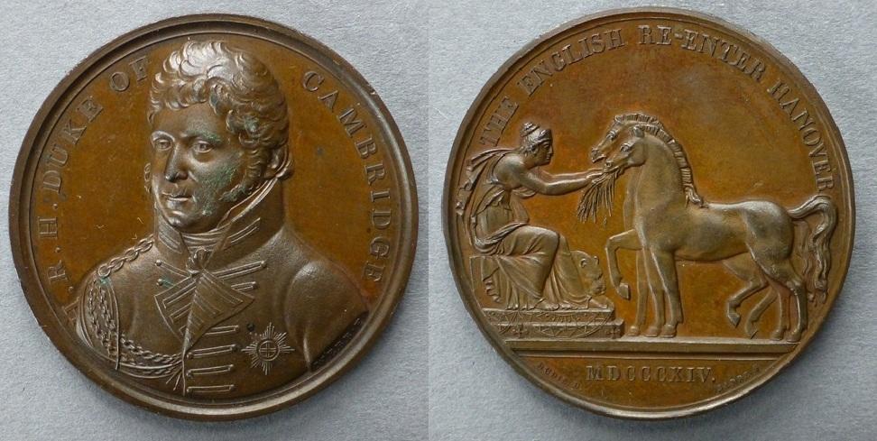 Medal commemorating the Duke of Cambridge and the re-entry of the English army into Hanover, 1814. 1814 Medal commemorating the Duke of Cambridge and the re-entry of the English army into Hanover, 1814. 1814