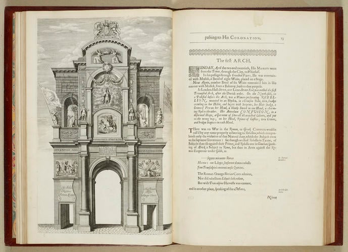 The Entertainment of His Most Excellent Majestie Charles II, in his passage through the City of London to his coronation : containing an exact accompt of the whole solemnity, the triumphal arches and cavalcade, delineated in sculpture ; the speeches and impresses illustrated from antiquity. To these is added a brief narrative of His Majestie's solemn coronation, with his magnificent proceeding, and royal feast in Westminster-Hall