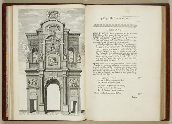 The Entertainment of His Most Excellent Majestie Charles II, in his passage through the City of London to his coronation : containing an exact accompt of the whole solemnity, the triumphal arches and cavalcade, delineated in sculpture ; the speeches and impresses illustrated from antiquity. To these is added a brief narrative of His Majestie's solemn coronation, with his magnificent proceeding, and royal feast in Westminster-Hall The Entertainment of His Most Excellent Majestie Charles II, in his passage through the City of London to his coronation : containing an exact accompt of the whole solemnity, the triumphal arches and cavalcade, delineated in sculpture ; the speeches and impresses illustrated from antiquity. To these is added a brief narrative of His Majestie's solemn coronation, with his magnificent proceeding, and royal feast in Westminster-Hall