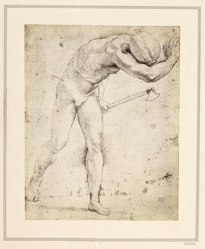 A naked male figure with an axe