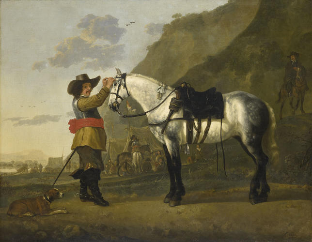 A Cavalry Trooper Decorating his Dappled Grey Horse with a Reclining Spaniel at his Feet