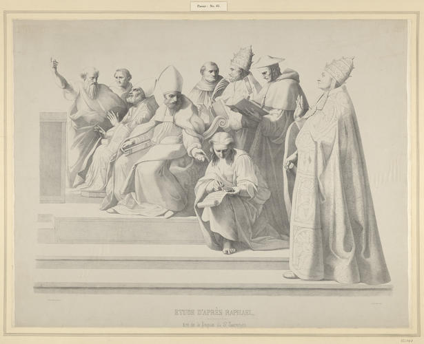 Group of debating theologians [from 'The Disputa']