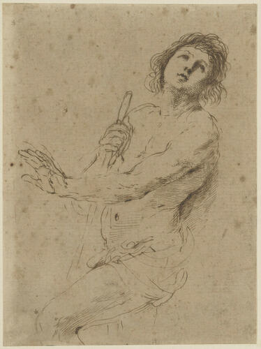 A semi-nude man holding a staff and looking upwards to the right A semi-nude man holding a staff and looking upwards to the right