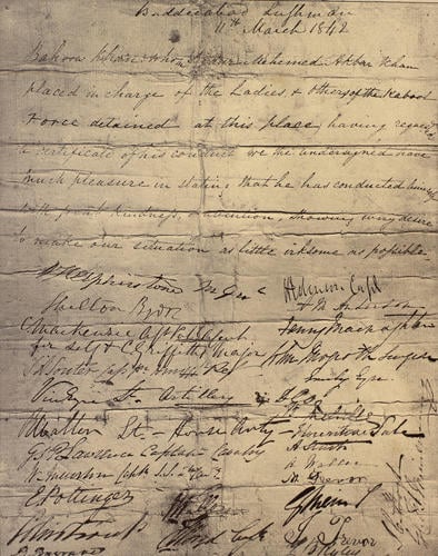 Certificate signed by English prisoners held in Kabul during the First Anglo-Afghan War Certificate signed by English prisoners held in Kabul during the First Anglo-Afghan War