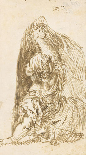 A woman holding back a curtain A woman holding back a curtain