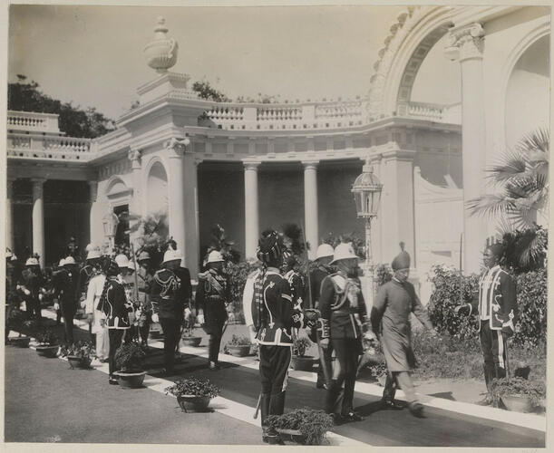 The Prince of Wales and the Nizam of Hyderabad arrive for the State banquet at the Chowmahalla Palace, Hyderabad: Edward, Prince of Wales. Royal Tour of India, 1921-1922