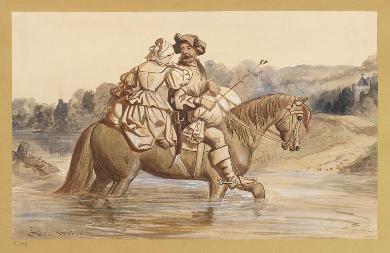 A man and woman on horseback crossing a river