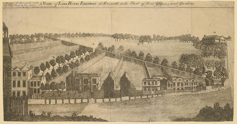 A view of Lord Bute's Erection at Kew, with some part of Kew Green and gardens