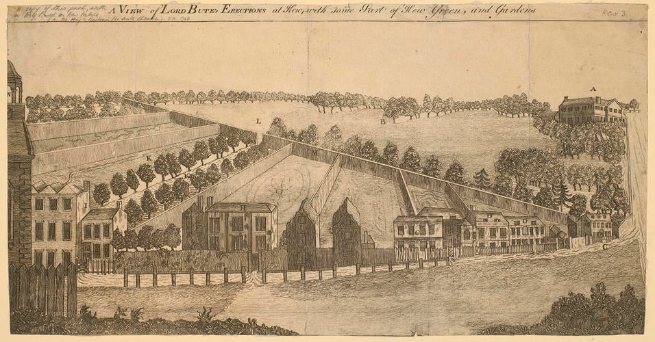 A view of Lord Bute's Erection at Kew, with some part of Kew Green and gardens A view of Lord Bute's Erection at Kew, with some part of Kew Green and gardens