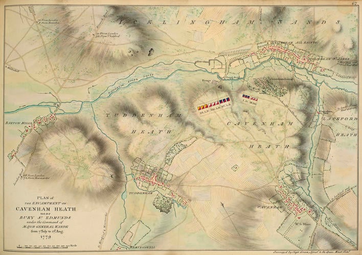 Master: Maps of encampments in England and Great Britain, 1778-82
Item: Map of encampment at Cavenham Heath, 1779 (Cavenham, Suffolk, UK) 52?18'17 Master: Maps of encampments in England and Great Britain, 1778-82
Item: Map of encampment at Cavenham Heath, 1779 (Cavenham, Suffolk, UK) 52?18'17