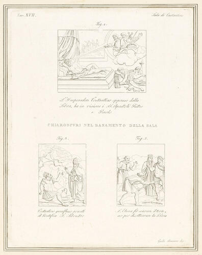 Master: A set of prints reproducing parts of decoration of the Sala di Costantino
Item: Constantine's vision of Saints Peter and Paul (upper centre); Constantine being cured of leprosy by Pope Sylvest