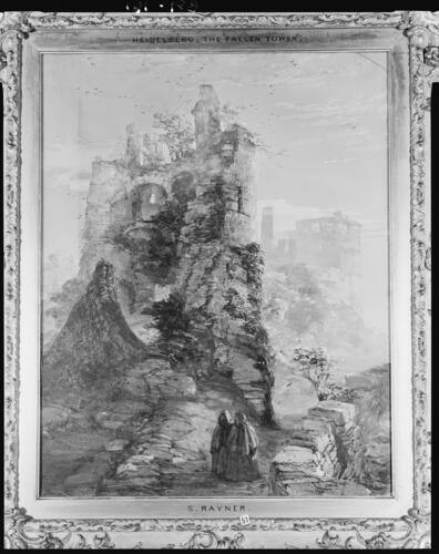 The Fallen Tower at Heidelberg Castle, with monks in the foreground