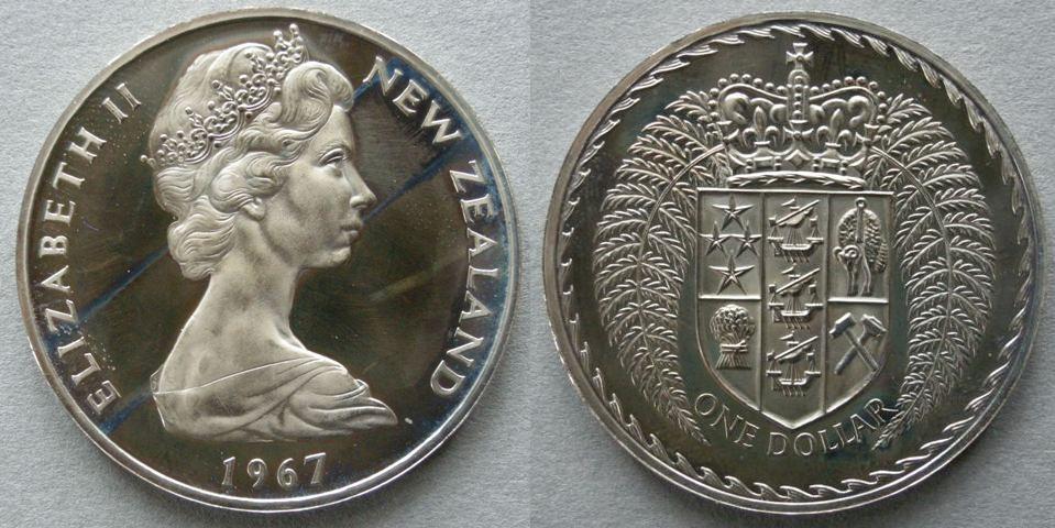 New Zealand. Proof one dollar, 1967, commemorating the introduction of decimal currency New Zealand. Proof one dollar, 1967, commemorating the introduction of decimal currency