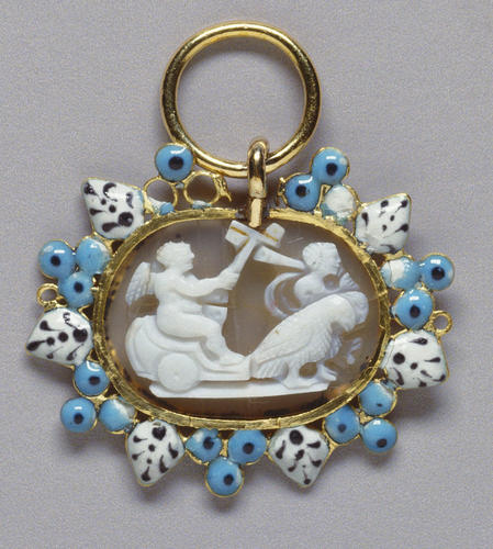 Triumph of Cupid drawn in a chariot by two doves with a satyr playing the pipes leading the procession Triumph of Cupid drawn in a chariot by two doves with a satyr playing the pipes leading the procession