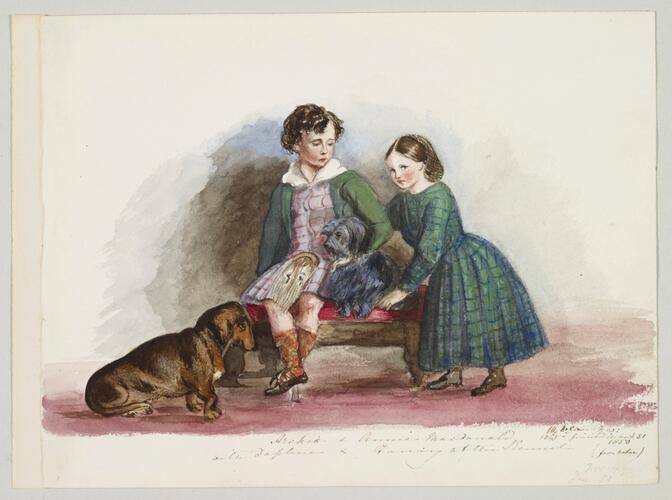 Master: SKETCHES FROM NATURE V. R. 1847 TO 1852
Item: Archie & Annie Macdonald with Daphne & Fancy at the Kennel
