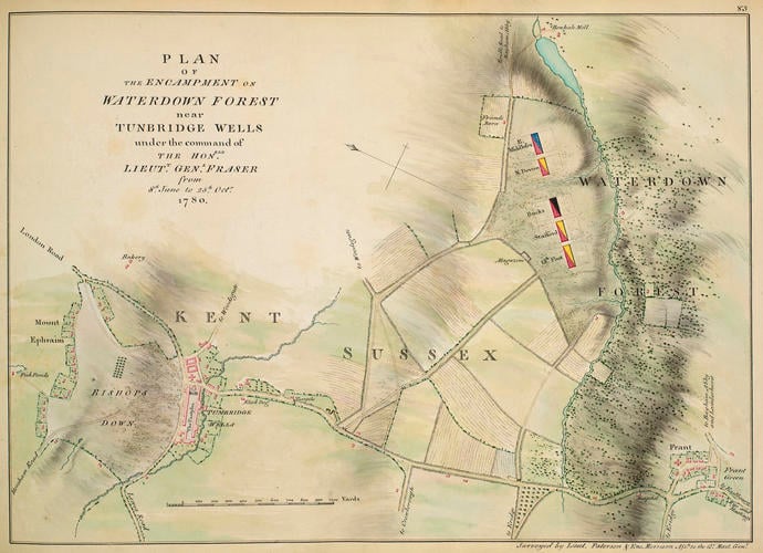 Master: Maps of encampments in England and Great Britain, 1778-82
Item: Map of encampment near Waterdown Forest, Tunbridge Wells and Frant, 1780 (Waterdown Forest, East Sussex, UK) 51?06'03 Master: Maps of encampments in England and Great Britain, 1778-82
Item: Map of encampment near Waterdown Forest, Tunbridge Wells and Frant, 1780 (Waterdown Forest, East Sussex, UK) 51?06'03