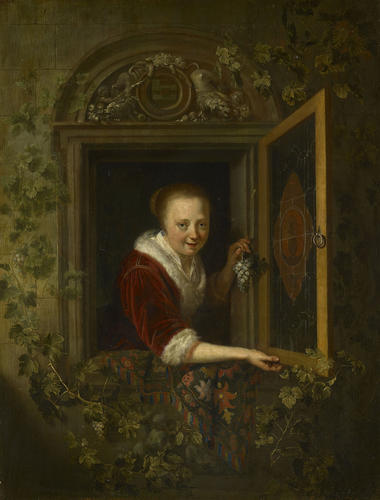 A Girl with a Bunch of Grapes at a Window