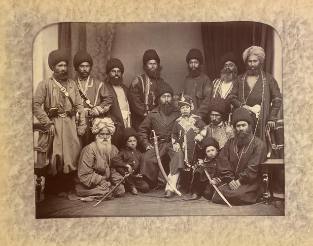 Shere Ali Khan, Emir of Afghanistan with his son Prince Abdullah Jan and suite Shere Ali Khan, Emir of Afghanistan with his son Prince Abdullah Jan and suite