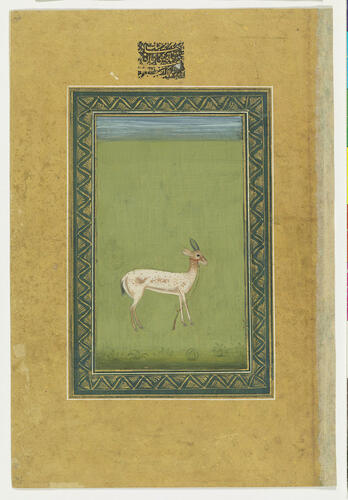 Master: Mughal album of portraits, animals and birds.
Item: Paintings of a gazelle and a Nayika waiting for her lover Master: Mughal album of portraits, animals and birds.
Item: Paintings of a gazelle and a Nayika waiting for her lover