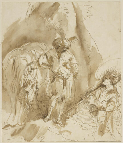 A man addressing another with a horse A man addressing another with a horse