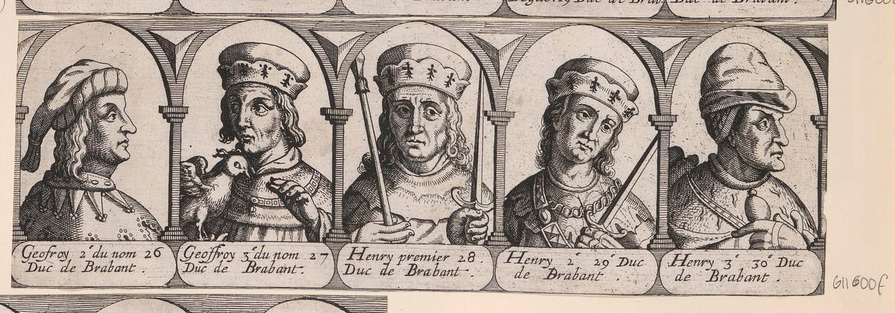 Master: [Frankish rulers, Carolingians, and the Dukes of Brabant; rulers of the area historically identified as the Duchy of Brabant]
Item: Geofroy 2 du nom 26 Duc de Brabant. Geoffroy 3 du nom 27 Duc