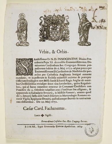 Master: Papal decree confirming the feast day of St Edward the Confessor, King and Confessor, 29 May 1679.
Item: Transcription and translation of the decree canonising King Edward the Confessor