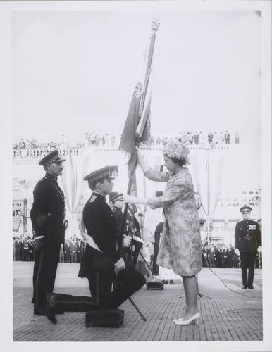 The Queen presents New Colours to Maltese Territorial Regiment. [State visit to Malta, 1967]