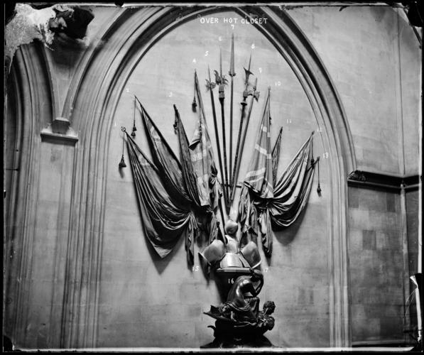 Glass plate negative of display of armour and flags, Windsor Castle Glass plate negative of display of armour and flags, Windsor Castle