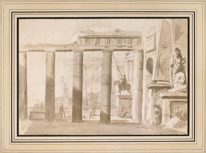 A classical portico, a statue and a seaport A classical portico, a statue and a seaport