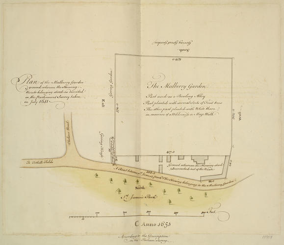 The Mulberry Garden: Plan of the Mulberry Garden whereon the Housing-thereto belonging stood as described in the Parliament Survey taken in July 1651 The Mulberry Garden: Plan of the Mulberry Garden whereon the Housing-thereto belonging stood as described in the Parliament Survey taken in July 1651