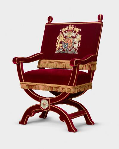 Master: Pair of throne chairs, used by King George VI and Queen Elizabeth and King Charles III and Queen Camilla
Item: Throne chair, used by King George VI and King Charles III Master: Pair of throne chairs, used by King George VI and Queen Elizabeth and King Charles III and Queen Camilla
Item: Throne chair, used by King George VI and King Charles III
