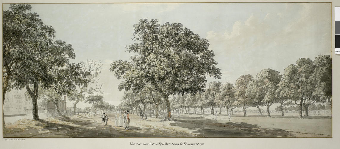 View of Grosvenor Gate in Hyde Park during the Encampment