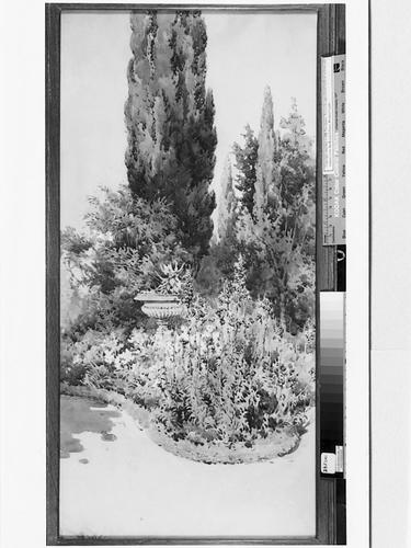 Garden with curved flower bed, an urn and cypress trees behind