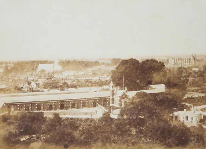 View from the North Terrace over Windsor and Eton, Windsor and Eton Riverside Station and Eton College Chapel. [Windsor Castle]