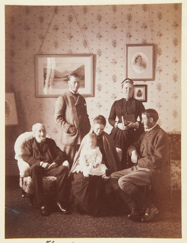 The four generations: Lord Portman, The Hon. William and Mrs Portman, The Hon. Ronald and Mrs Leslie Melville and their son, John David, 1887. [Album: Photographic Portraits vol. 5/63 1875-1889]