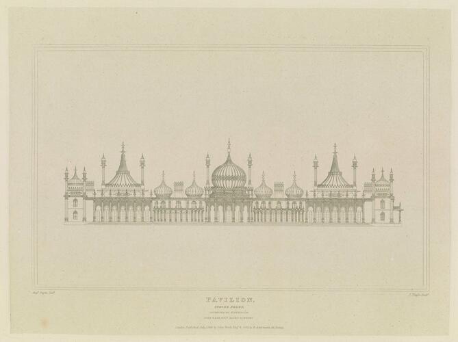Master: Illustrations of Her Majesty's Palace at Brighton; formerly the Pavilion: executed by the Command of King George the Fourth, under the Superintendence of John Nash, Esq. , architect : to which is prefixed, A History of the Palace, by Edward Wedlake Brayley, Esq. , F. S. A.
Item: Pavilion, Steyne Front, Geometrical Elevation