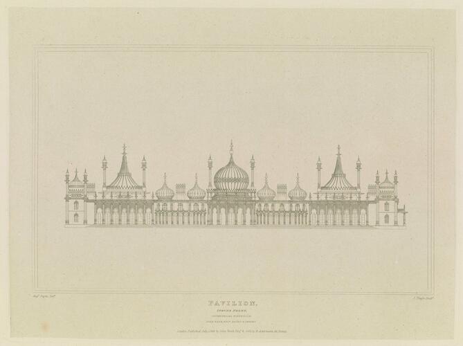 Master: Illustrations of Her Majesty's Palace at Brighton; formerly the Pavilion: executed by the Command of King George the Fourth, under the Superintendence of John Nash, Esq. , architect : to which is prefixed, A History of the Palace, by Edward Wedlake Brayley, Esq. , F. S. A.
Item: Pavilion, Steyne Front, Geometrical Elevation Master: Illustrations of Her Majesty's Palace at Brighton; formerly the Pavilion: executed by the Command of King George the Fourth, under the Superintendence of John Nash, Esq. , architect : to which is prefixed, A History of the Palace, by Edward Wedlake Brayley, Esq. , F. S. A.
Item: Pavilion, Steyne Front, Geometrical Elevation