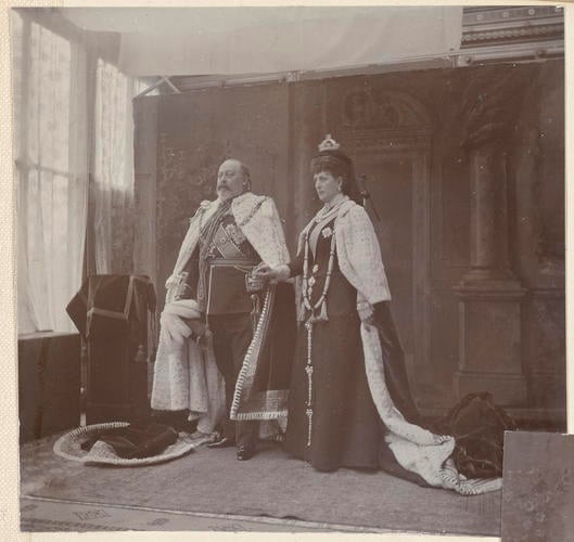 Master: Page 23 of Princess Victoria's album: photographs of King Edward VII and Queen Alexandra, dressed for the State Opening of Parliament, February 1901
Item: King Edward VII and Queen Alexandra dressed for the State Opening of Parliament, February 1901