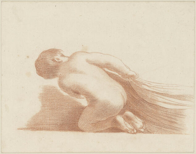 A nude putto kneeling, pulling at a drapery A nude putto kneeling, pulling at a drapery