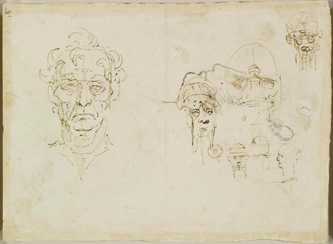 Recto: The layers of the scalp, and the cerebral ventricles. Verso: Studies of the head Recto: The layers of the scalp, and the cerebral ventricles. Verso: Studies of the head