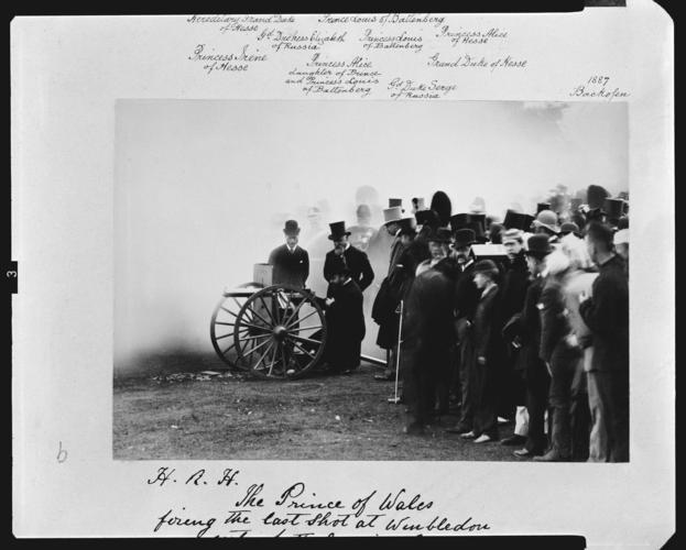 HRH The Prince of Wales firing the last shot at Wimbledon out of the Maxim gun, August 1888. [Album: Photographic Portraits vol. 5/63 1875-1889]