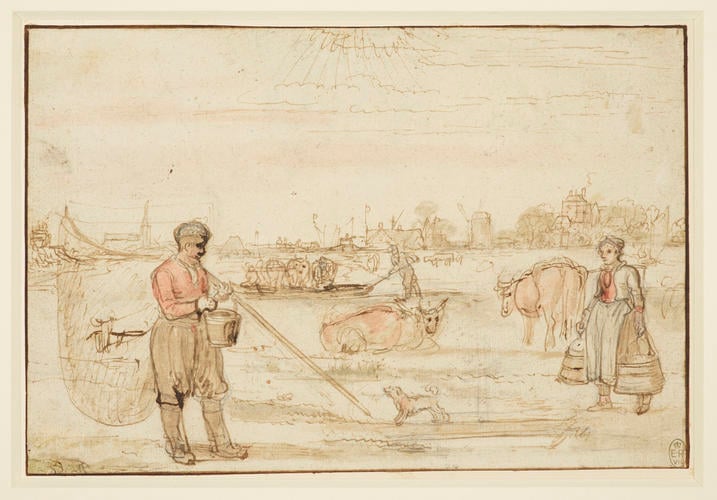 Recto: A fisherman and a milkmaid in a river landscape. Verso: Sketch of an elegantly dressed couple seen from the back
